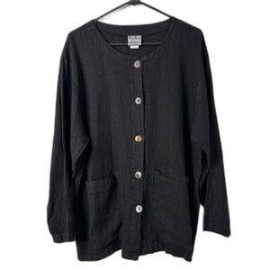 C.C. Collection Linen Button Up Jacket Black Pockets USA Womens Large